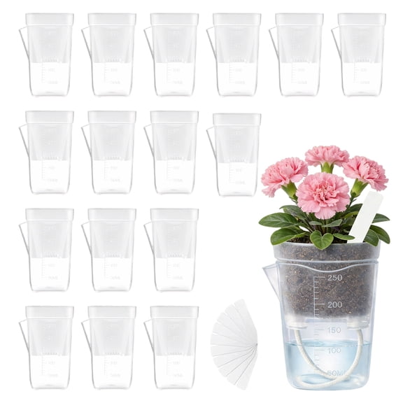 Eastrpupira 16 Pack 2.5" Clear Self Watering Pots for Indoor Plants, Mini Clear Plastic Planters, with 16 Plant Label and Water Level and Drainage Holes for Seedlings, Cuttings, Succulents