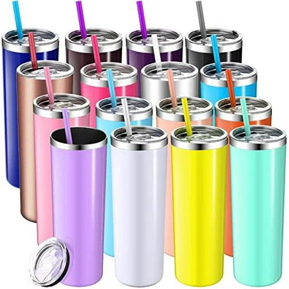 16 Pack Skinny Tumblers Bulk with Lids and Straws 20 oz Stainless Steel Insulated Sublimation Tumblers Slim Water Cup Double Wall Vacuum Travel Coffee Mug for Hot Cold Drink