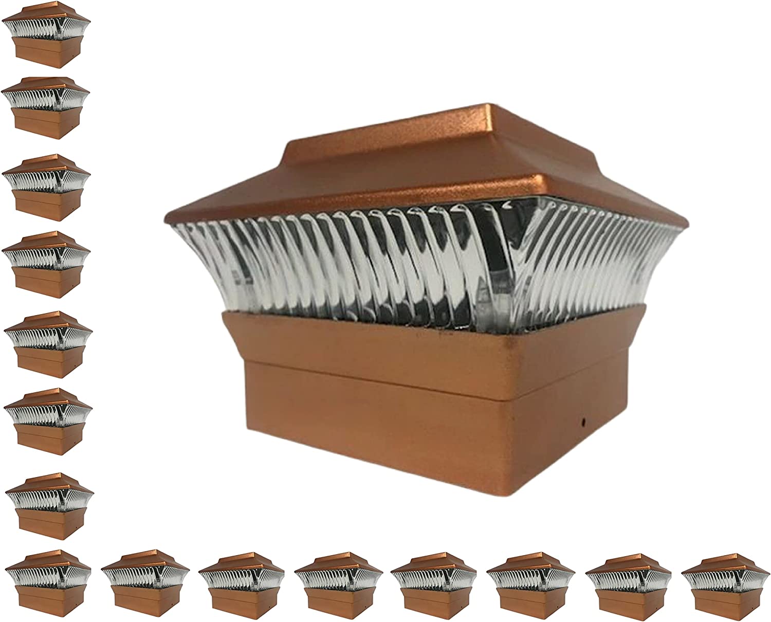 HUYIENO Solar Post Cap Lights Outdoor LED Lighting Deck Fence Cap Light Two Light Modes Warm White/Bright White Suitable for 4x4 Wooden Posts (Brushed Copper, 12pk