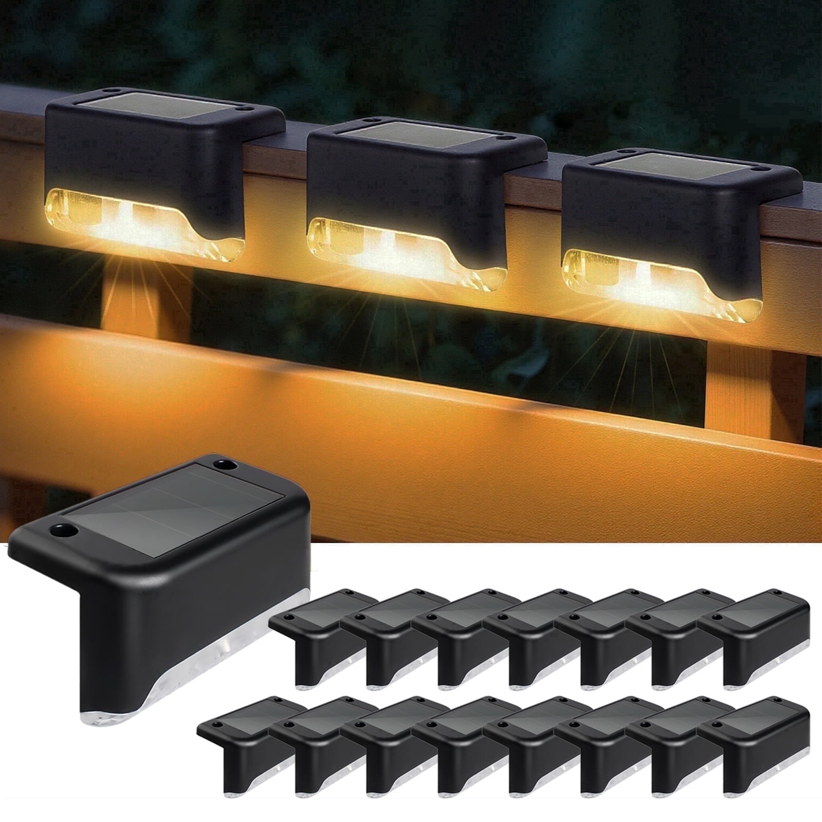 16 Pack Solar Deck Lights Outdoor, Solar Step Lights Waterproof LED Solar Lights for Outdoor Stairs Step Fence Yard Patio Pathway Christmas Decoration Lights(Black-Warm White)