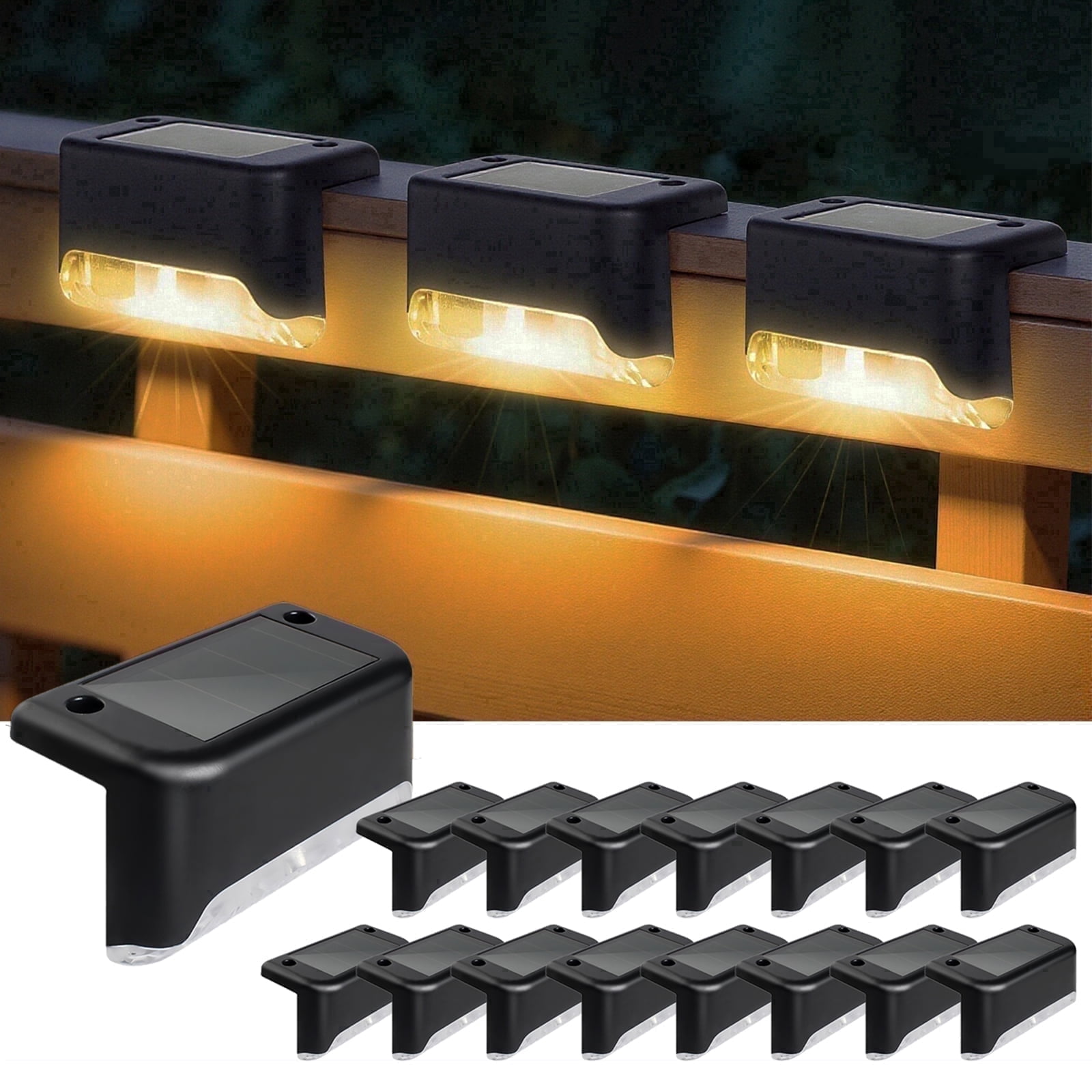 16 Pack Solar Deck Lights Outdoor, Solar Step Lights Waterproof LED Solar Lights for Outdoor Stairs Step Fence Yard Patio Pathway Christmas Decoration Lights(Black-Warm White)