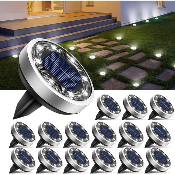 16 Pack Solar Lights Outdoor, 8 LED Ground IP65 Waterproof Flat Disc Light, Pathway for Garden Lawn Patio Yard Path Landscape, Cool White