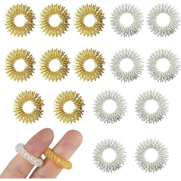 16 Pack Spiky Sensory Finger Rings Gold Silver Metal Acupressure Rings, Stress Relief Fidget Sensory Fidget Rings Silent Finger Massage Roller For Adults Stress Relief Anxiety Focus Autism