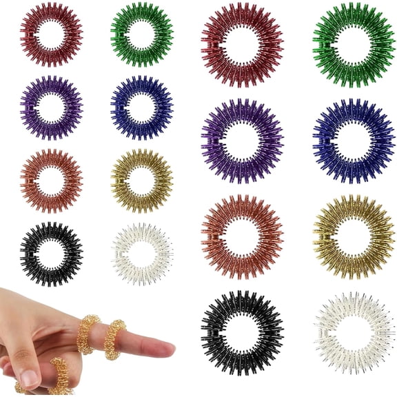 16 Pack Spiky Sensory Finger Rings Gold Silver Metal Acupressure Rings, Stress Relief Fidget Sensory Fidget Rings Silent Finger Massage Roller For Adults Stress Relief Anxiety Focus Autism