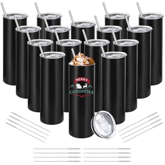 16 Pack Stainless Steel Skinny Tumblers Straight Double Wall Insulated Tumbler Bulk with Lid and Straw for, DIY Gift, 20oz Black$$Home Decor, Kitchen, & Other