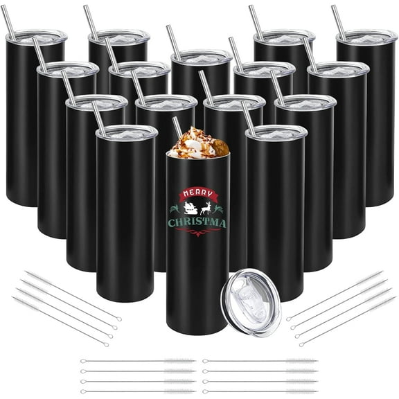 16 Pack Stainless Steel Skinny Tumblers Straight Double Wall Insulated Tumbler Bulk with Lid and Straw for, DIY Gift, 20oz Black