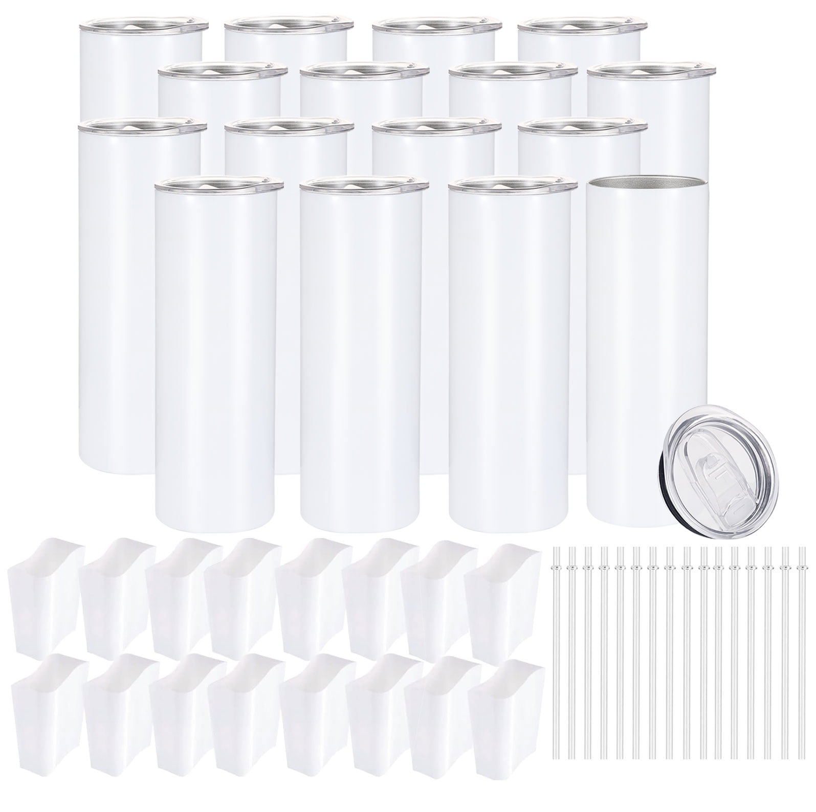 16 Pack Sublimation Tumblers Bulk 20oz Straight Skinny Tumbler Blanks for Heat Transfer, Stainless Steel Double Wall Insulated Tumbler with Straws & Shrink Wrap Films