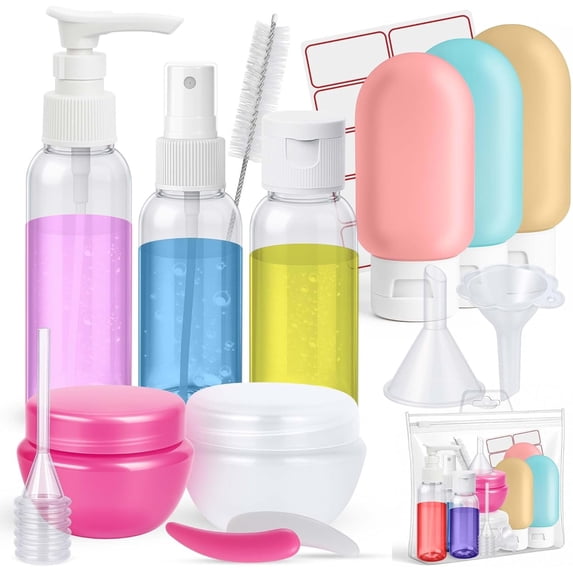 16 Pack Travel Bottles - Travel Essentials Toiletries - TSA Approved Size - Empty Plastic Bottles with Sticker Sheet, Funnels, Spray Bottle & Carry - Shampoo, Lotion, Oil & Sanitizer