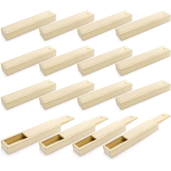 16 Pack Unfinished Wood Box with Sliding Lid, Small Narrow Pencil Box Rectangular Keepsake Case Small Gift Boxes for Art Hobbies, DIY Craft, Jewelry Necklace Storage