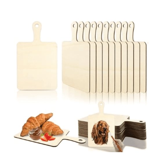 16 Pack Unfinished Wood Cutting Board Craft with Handle, Wooden Paddle Cheese Bread Board Set Chopping Board Serving Tray for Craft DIY Christmas Home Kitchen Cooking Dr (9.4" x 5.5")