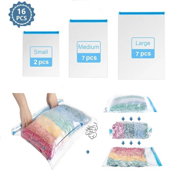 Glovv 16 Pack Compression Bags for Travel, No Need for Electric Pump, Hand Roll Vacuum Seal Bags, Space Saver Bags (7 Large/7 Medium/2 Small), Vacuum Storage Bags for Clothes, Comforters, Blankets