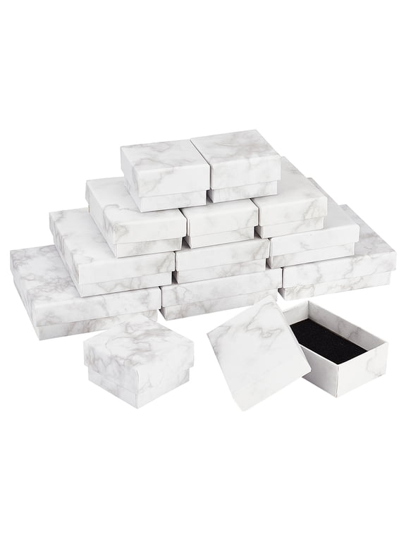 16 Pack White Marble Effect Cardboard Jewellery Pendant Boxes (4 Mixed Size) Square Rectangle Gift Boxes with Sponge Insert