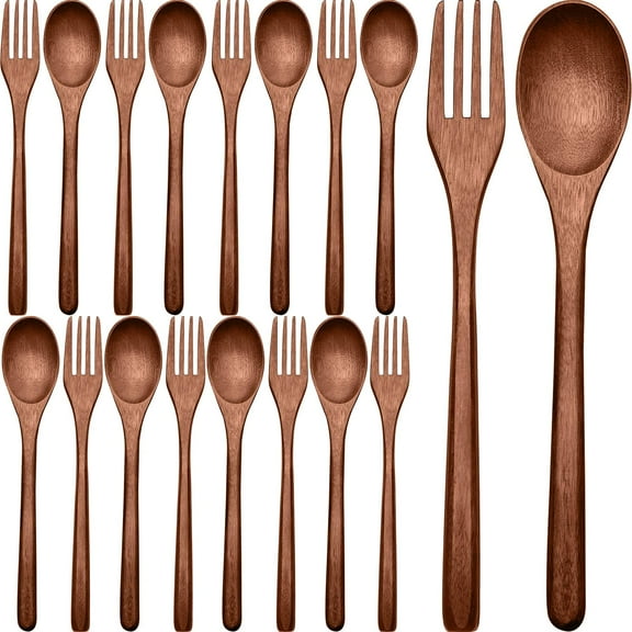 16 Pack Wooden Spoon and Fork Set Wooden Tableware Wooden Tableware Set Reusable Tableware Handmade Natural Knife and Fork Contains spoons and forks for cooking and dining Kitchen supplies