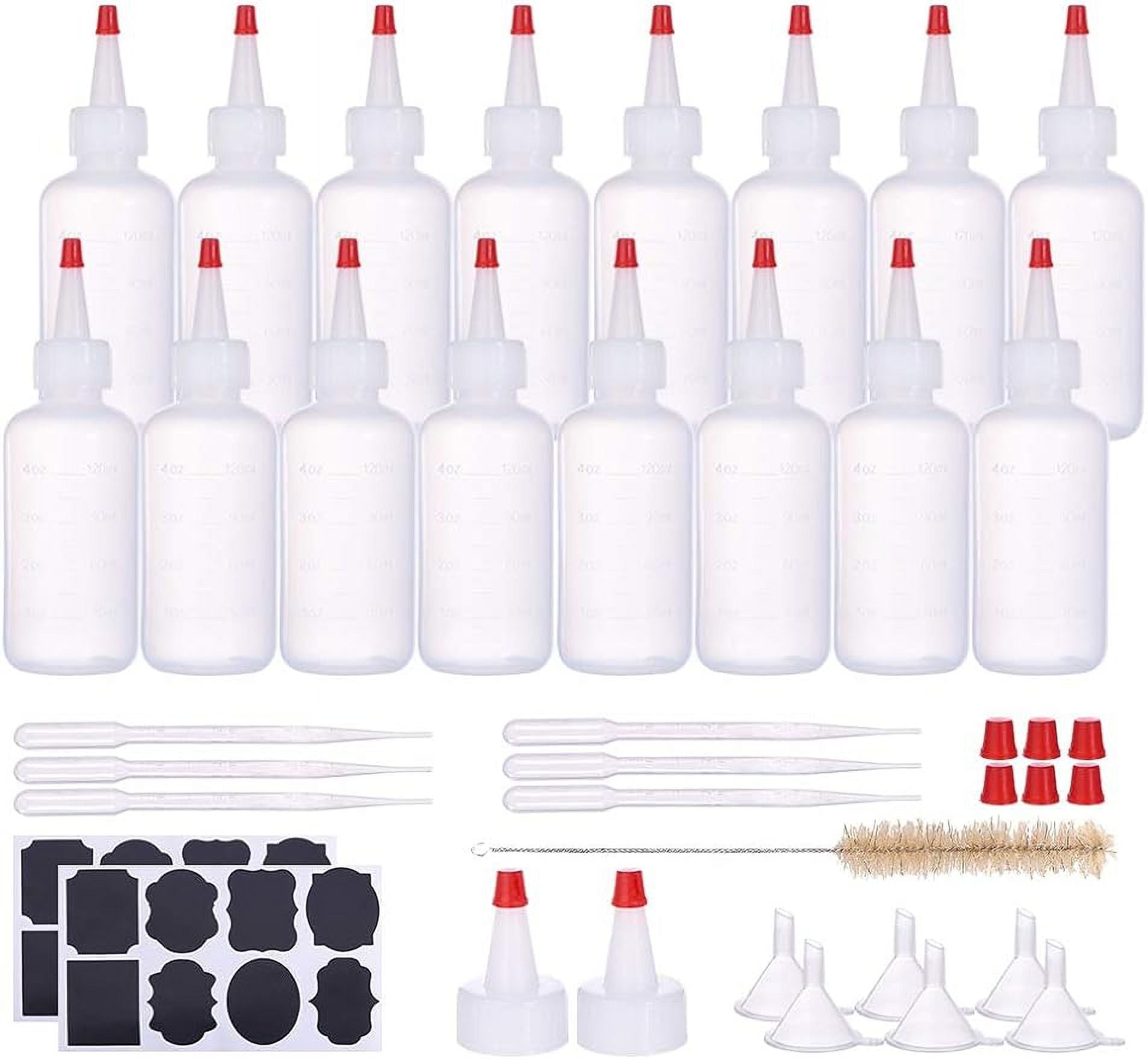 16 Packs 4oz Plastic Squeeze Bottle Red Tip Cap Bottle with Measurement and Extra 16 Chalk Labels 6 Funnels 6 Droppers 6 Red Tip 2 Red Caps 1 Brush
