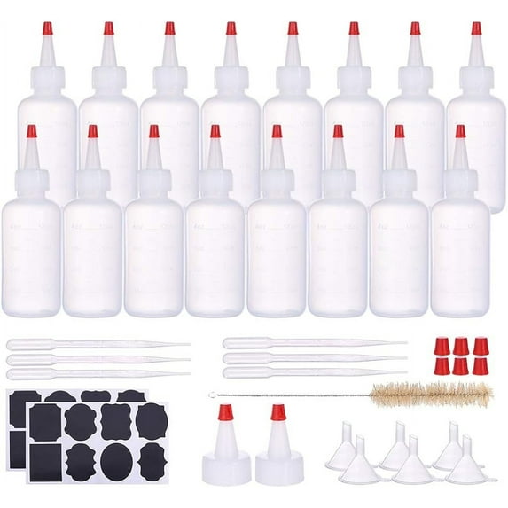 16 Packs 4oz Plastic Squeeze Bottle Red Tip Cap Bottle with Measurement and Extra 16 Chalk Labels 6 Funnels 6 Droppers 6 Red Tip 2 Red Caps 1 Brush