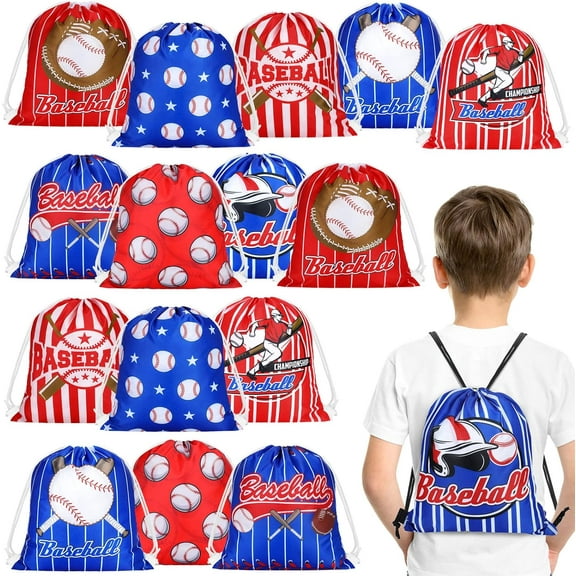 16 Packs Baseball Party Favor Bags Kids Baseball Drawstring Bag Bulk Baseball Theme Gift Bags Baseball Goodie Candy Bags for Snacks Team Sports Baseball Party Supplies