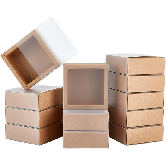 16 Packs Kraft Paper Gift Boxes Square Brown Drawer Boxes with PVC Windows Cover 3.8x3.8x1.45 for Party Favor Treats Bakery Jewelry Proposal Gift Packaging for DIY