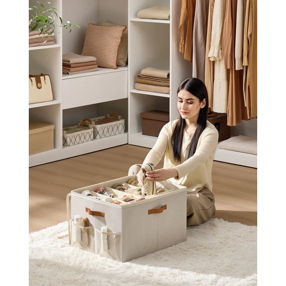 16-Pair Fabric Shoe Organizer, Adjustable Compartments & Side Pockets, Foldable Storage Bin for Closet, Cappuccino Beige