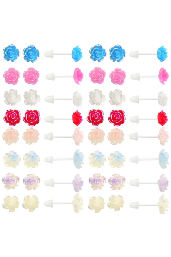 16 Pairs 8 Colors Hypoallergenic Plastic Roses Stud Earrings 8 mm Rose Flower Resin Earring Posts with Clear Earring Backs for Women Sensitive Ears Daily Sports Party