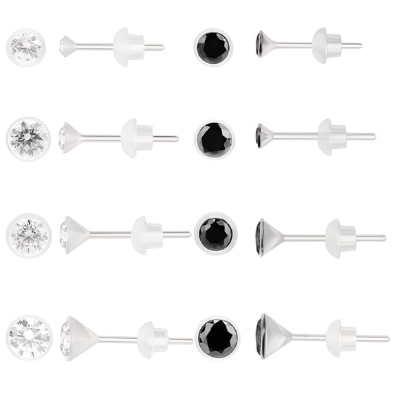 16 Pairs 8 Styles Resin Stud Earrings Clear Black Flat Round Micro Pave Cubic Zirconia Post Earrings with 1 Box DIY