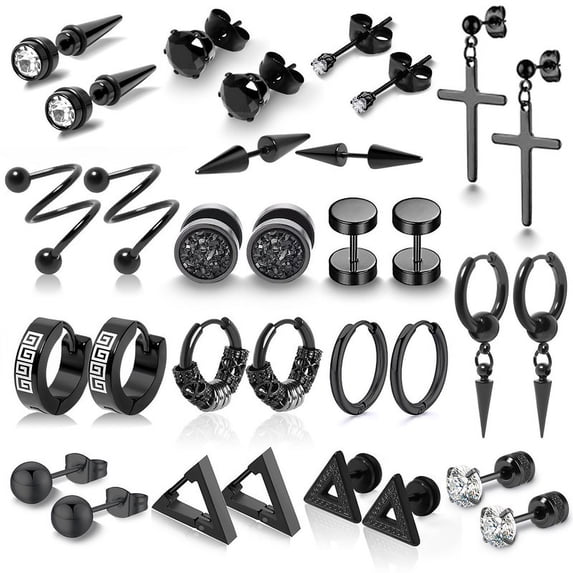 16 Pairs Earrings for Men Black Stainless Steel Earring Sets, Black Hoop Earrings, Mens Earrings, Stud Earrings, Men Earrings Collection for Everyday Wear and Formal Occasions