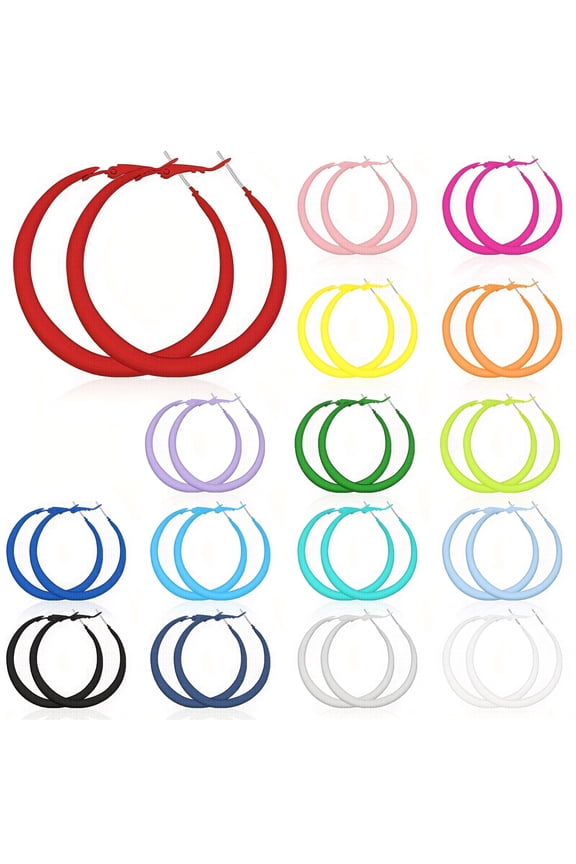 16 Pairs Matte Hoop Earrings for Women, 80s Retro Neon Color Dangle Earrings, Alloy Large Hoop Earrings for Women, Simple and Elegant Pendant Design, Party and Everyday Accessories