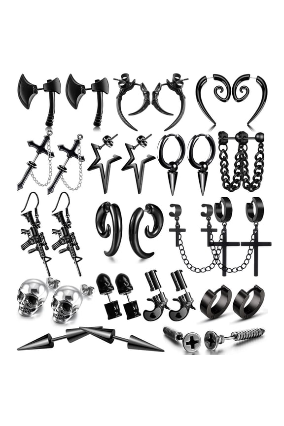 16 Pairs Stainless Steel Punk Y2K Black Dangle Earrings Axe Skull Cone Earrings