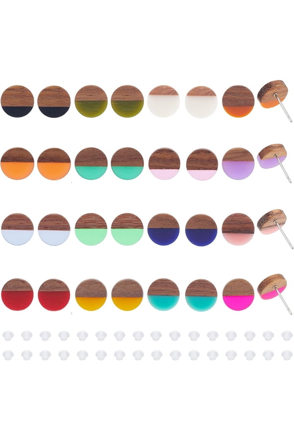 16 Pairs Wood Resin Stud Earrings 16 Style Flat Round Wood Post Stud Earrings Walnut Wood Statement with 316 Stainless Steel Pins for DIY Women Friends Mom Gifts