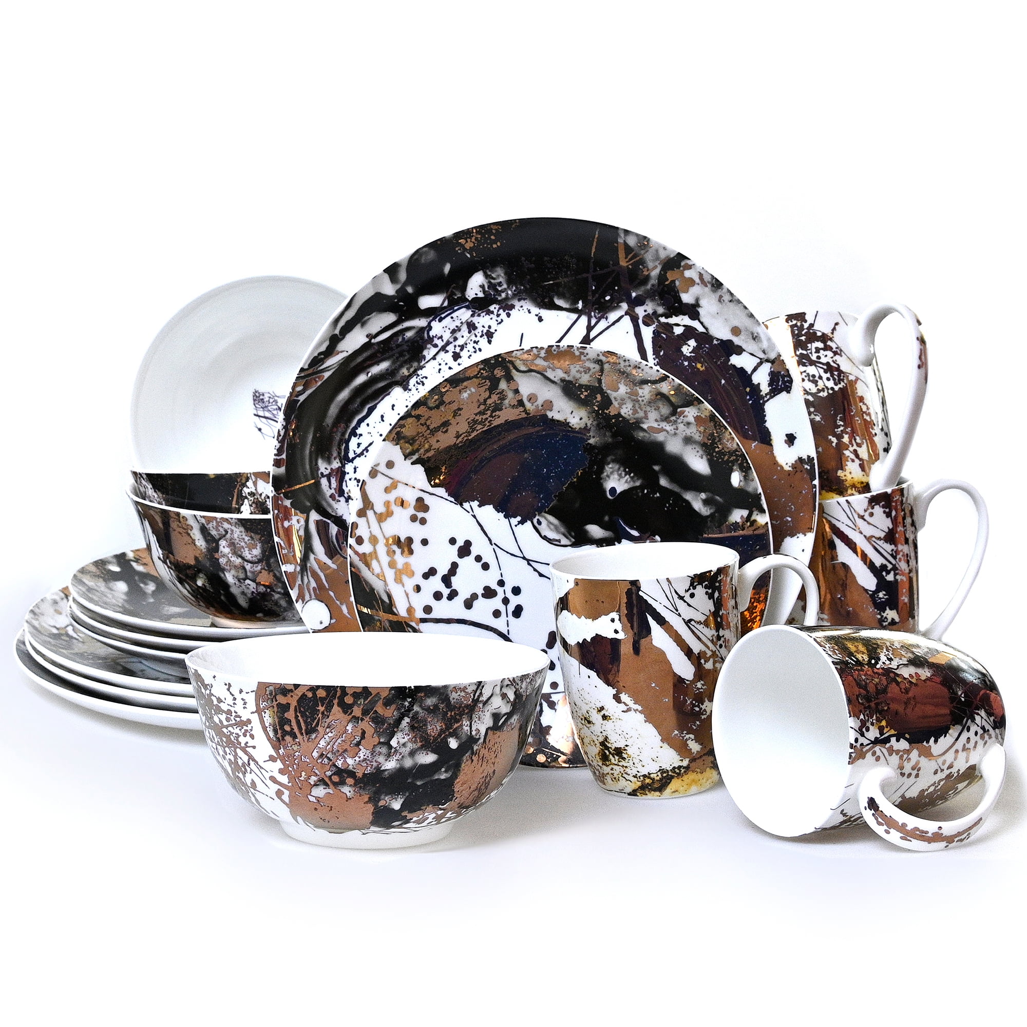 KOKEN 16Pc Bone China Dinnerware Set Elegant Blue Gold Design, Microwave & Dishwasher Safe