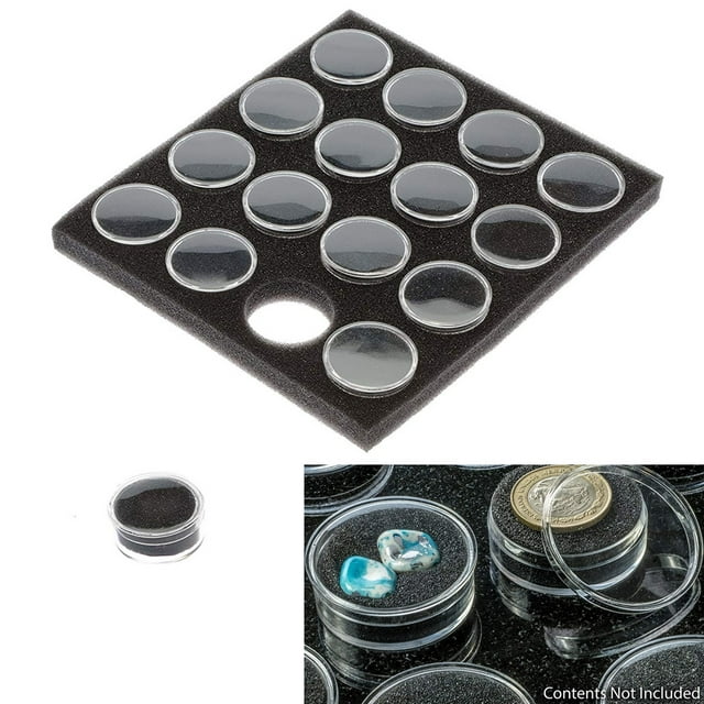 16 Pc Clear Round Display Containers Snap-On Lids Black Foam Fillers Gem Jewels