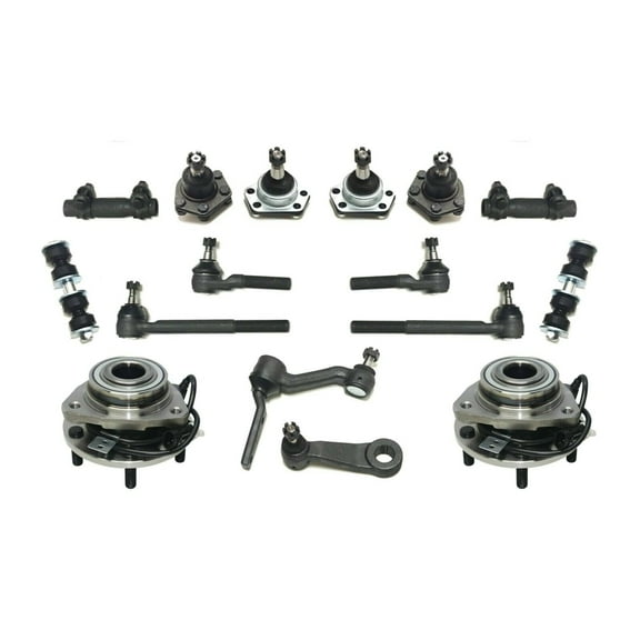 16 Pc Complete Suspension Front Wheel Bearing and Hub Tie Rod Ends Adjusting Sleeves Ball Joints Sway Bars Idler Pitman Arm Compatible with 4WD Models Fits select: 1998-2004 CHEVROLET S TRUCK