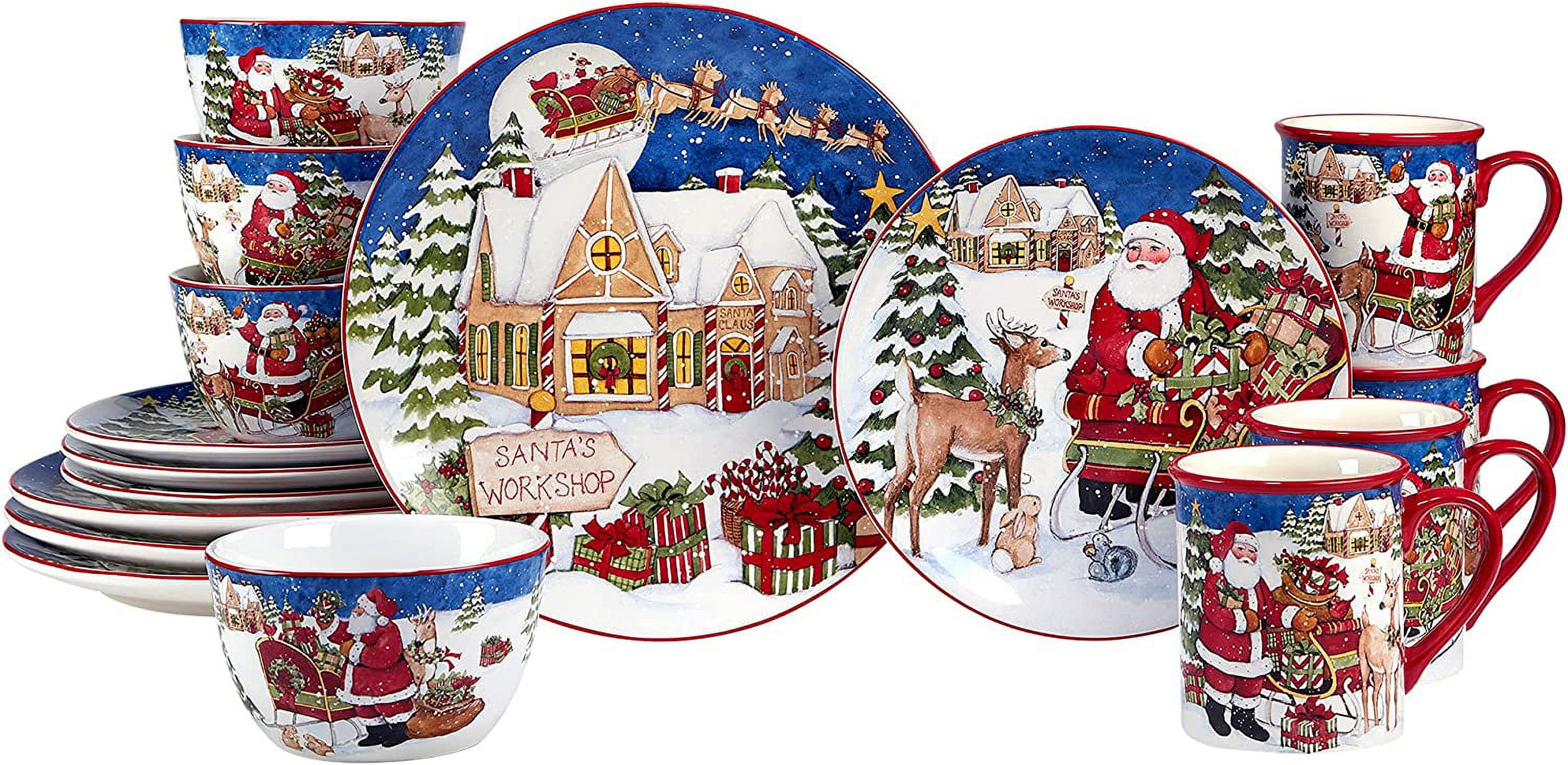 Santa's Workshop Ceramic Holiday Dinnerware Set, Service for 4