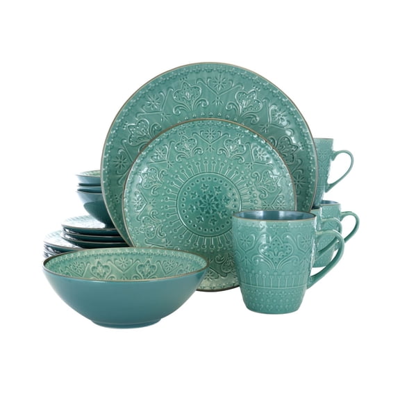 16 - Pc. Sea Green Mandala Style Dinnerware Set, Service for 4