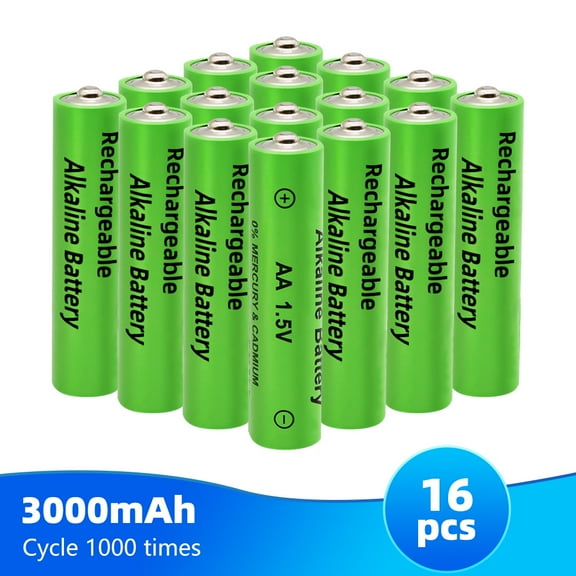 16 Pcs 1.5V 3000mAH Alkaline Rechargable Batteries for Razor, Flashlight, Wireless Microphone(AA Size)