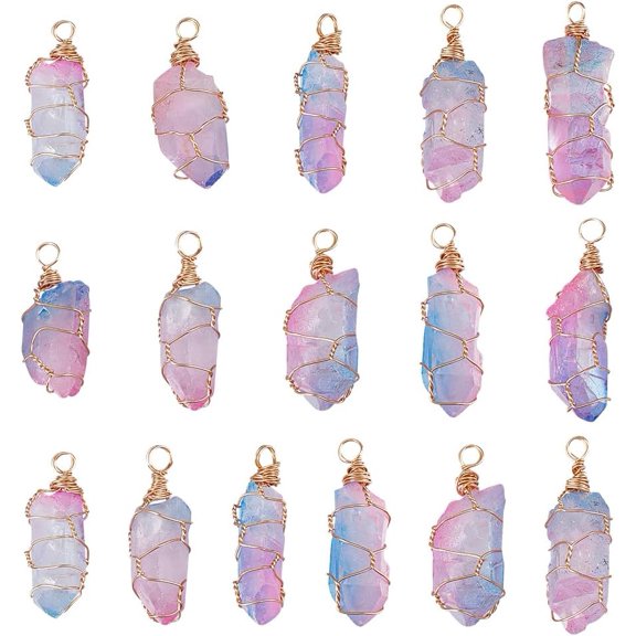 16 Pcs 1.6x0.3 Inch Electroplated Quartz Pendant Blue and Purple Gemstone Pendant Natural Healing Pendant Quartz Gemstone Pendant Wire Wrapped Charms for DIY CraftColorful