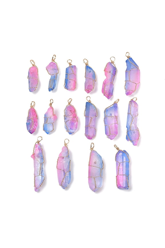 16 Pcs 1.6x0.3 Inch Electroplated Quartz Pendant Blue and Purple Gemstone Pendant Natural Healing Pendant Quartz Gemstone Pendant