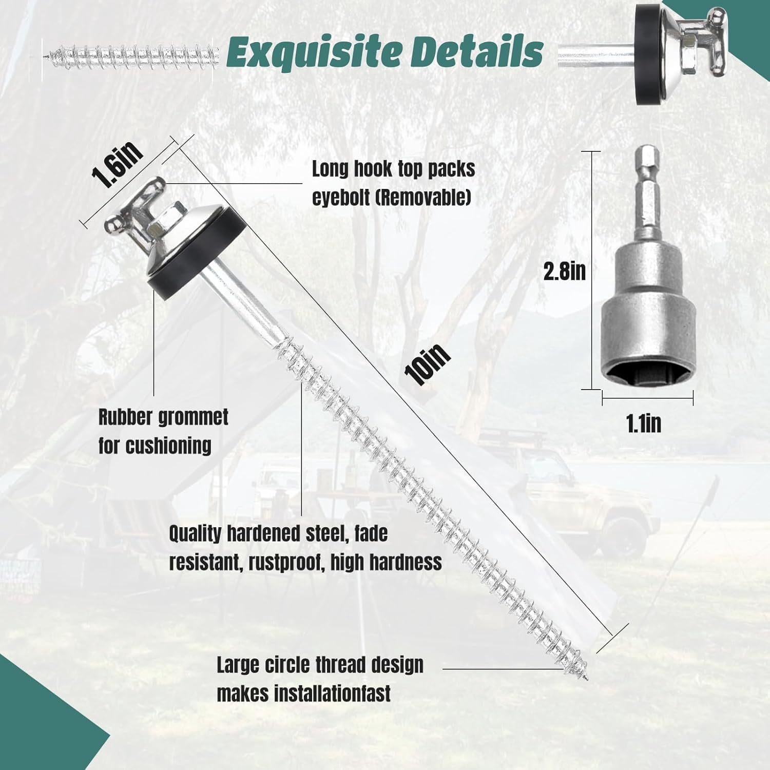 16 Pcs 10 Inch Drillable Tent Stakes Heavy Duty Hardened Steel Ground Pegs with Hex Tool and Storage Bag for Camping Travel
