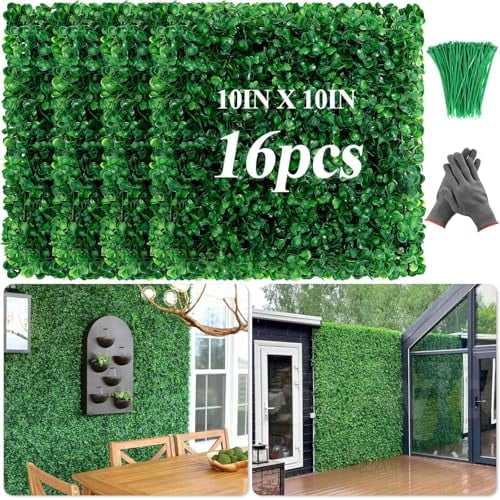 16 Pcs 10" X 10" Artificial Grass Wall Panels, UV-Resistant Fake Boxwood Panels Faux Green Grass Wall Greenery for Indoor Outdoor Patio Balcony Office Privacy Fence Wedding Party Photo Backdrop Decor