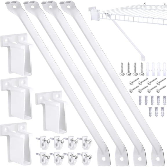 16 Pcs 12 Inch Wire Shelf Support Brackets Kit,Include 4 Mental Closet Support Brace 8 White Down Wall Clips and 4 Wire Shelf End Brackets with Screws for Wardrobe