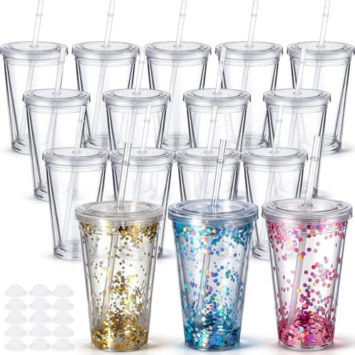 16 Pcs 16 oz Acrylic Snow Globe Tumbler with Lids and Straws Bulk Pre-drilled Double Wall Plastic Snow Globe Cup with Hole Plug for Glitter Snowglobe DIY Crafts Supplies$$Home Decor, Kitchen, & Other