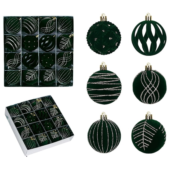 16 Pcs 2.36IN Green Flocked Velvet Christmas Ornaments Set, Shatterproof Plastic Glitter Line Baubles, Ideal for Christmas Tree & Holiday Home Decor
