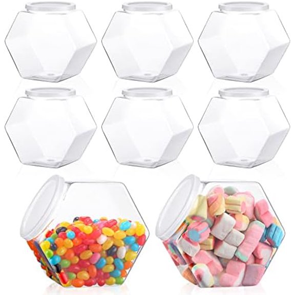16 Pcs 30oz Plastic Candy Jars with Lids Hexagon Canister Container Jar Bucket for Candy Buffet Cookies Snacks Gifts and Storage Countertop Display, 5.19 x 3.07 x 4.72 Inch