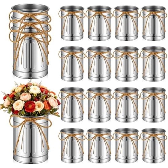 16 Pcs 4.52 Inch Farmhouse Metal Flower Vase Metal Flower Buckets with Twine Bow Vintage Rustic Wedding Decor for Table Centerpiece Home Decoration$$Home Decor, Kitchen, & Other