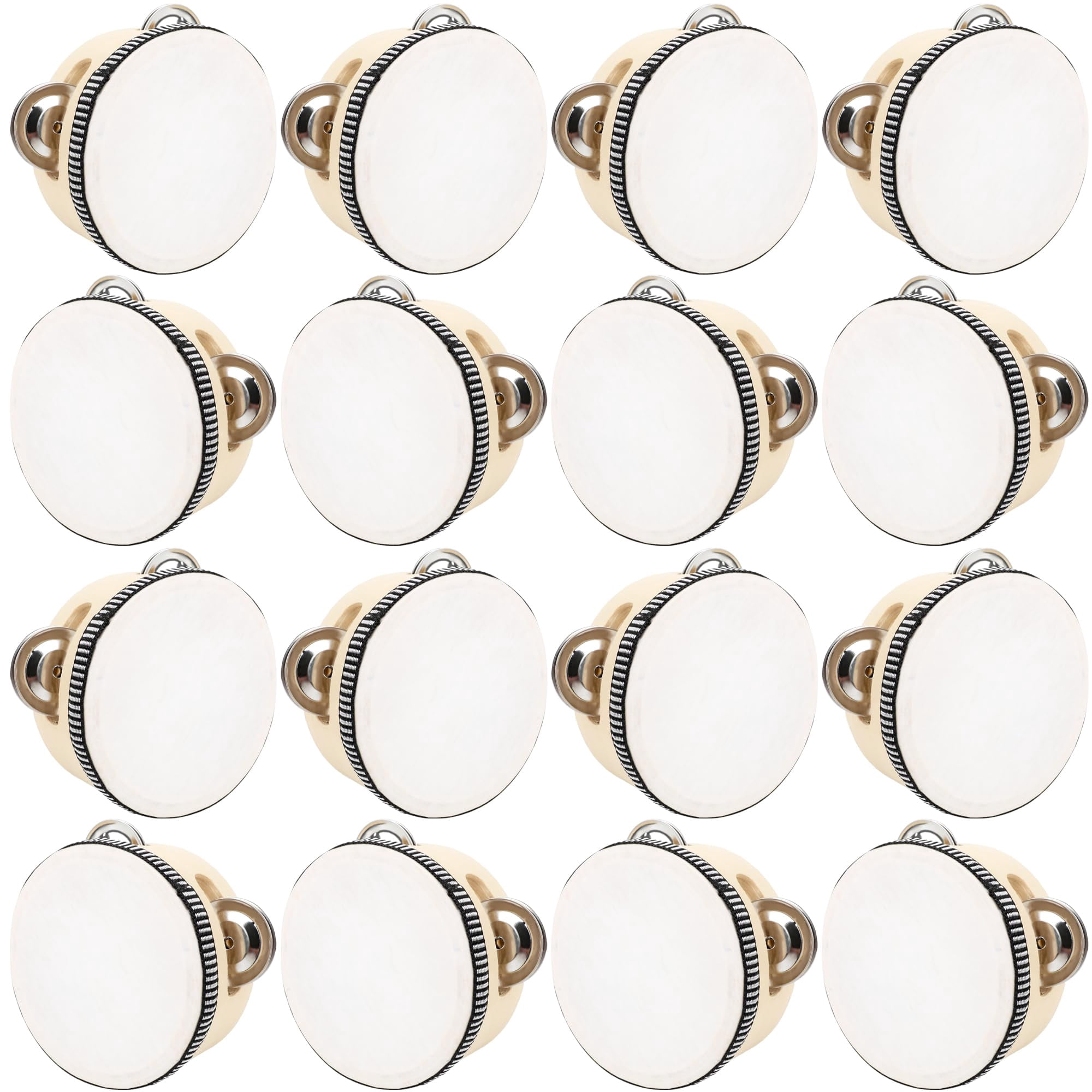 16 Pcs 4 Inch Adult Wedding Tambourines Drum Wooden Natural Handheld Drums Metal Jingles Musical Instruments Percussion For Church Party Favor