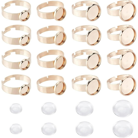 16 Pcs 4 Sizes Adjustable Ring Bases DIY Finger Rings Making Kits Blank Finger Rings with 6mm/8mm/10mm/12mm Glass Cabochons Rose Gold