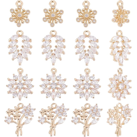 16 Pcs 4 Styles Flower Leaf Snowflake Cubic Zirconia Charms Light Gold Plated Brass Pave Rhinestone Micro Pave for Jewelry Making Necklace Bracelets Earrings for DIY
