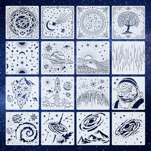 16 Pcs 6 Inch Art Stencils for Painting Reusable - Sun Moon and Star Stencil Symbols Solar System Constellation Stencil Devil's Eyes Tarot Divination Theme (Planets Universe)