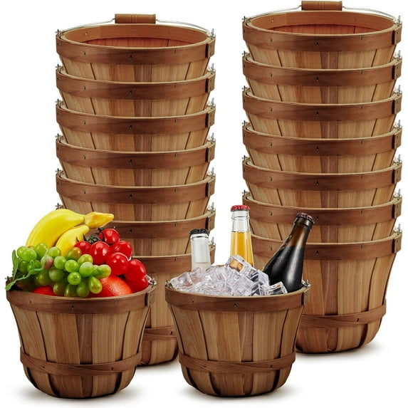 16 Pcs 7.5 x 5.9 in Round Wooden Basket Apple Basket Bushel Bulk Fruit Buckets with Handle Harvest Basket Empty Gift Basket for Garden Picking Easter Party Supplies(Dark Brown)