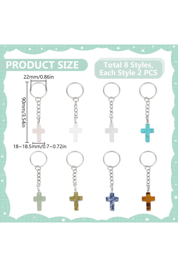 16 Pcs 8 Styles Gemstone Cross Keychain Natural Crystals Stones Charm Pendants Cross Ornament Keychain with Split Key Ring for Car Key Bag Easter Decoration
