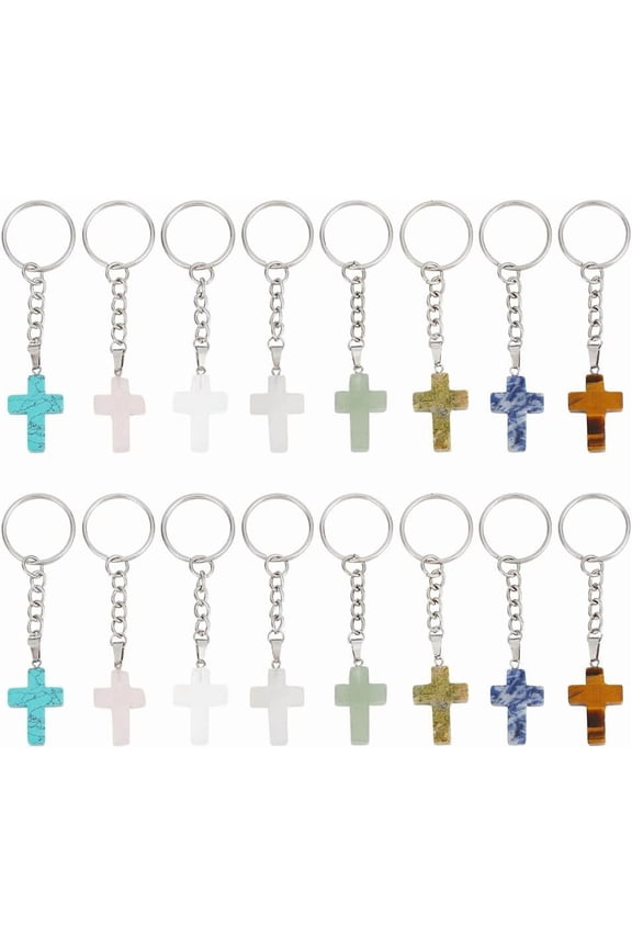 16 Pcs 8 Styles Gemstone Keychain Natural Crystals Stones Charm Pendants Ornament Keychain with Split Key Ring for Car Key Bag Easter Decoration Platinum